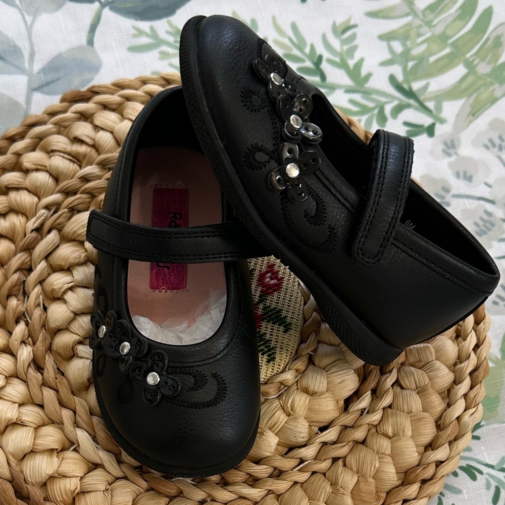 New Rachel Shoes Toddler Girl’s Black Floral Velcro Mary Janes ‘Honesty’ Size 6
